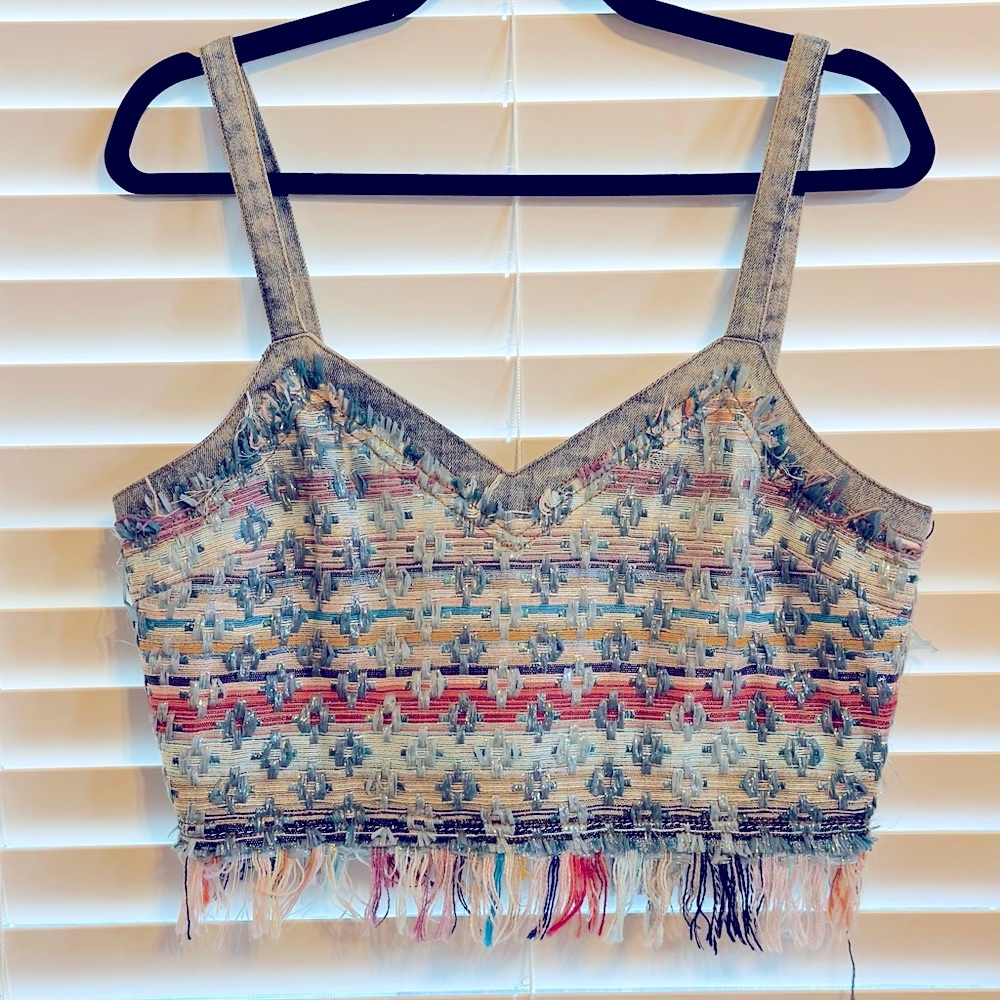 Ramy Brook size 8 cropped fringe denim tank *with sparkle*